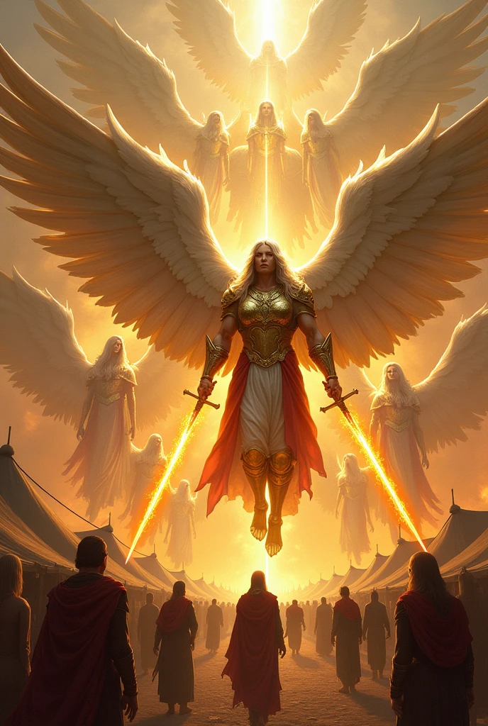 THOUSANDS OF ANGELS WITH MALE HUMAN FACES ,gold armour, EMERALD RED ARMOR, BLUE COLOR GREVE, FLAMING SWORD OF FIRE WITH HUGE WINGS, PROTECTING A CAMP OF PROPHETS AND MANY TENTS .