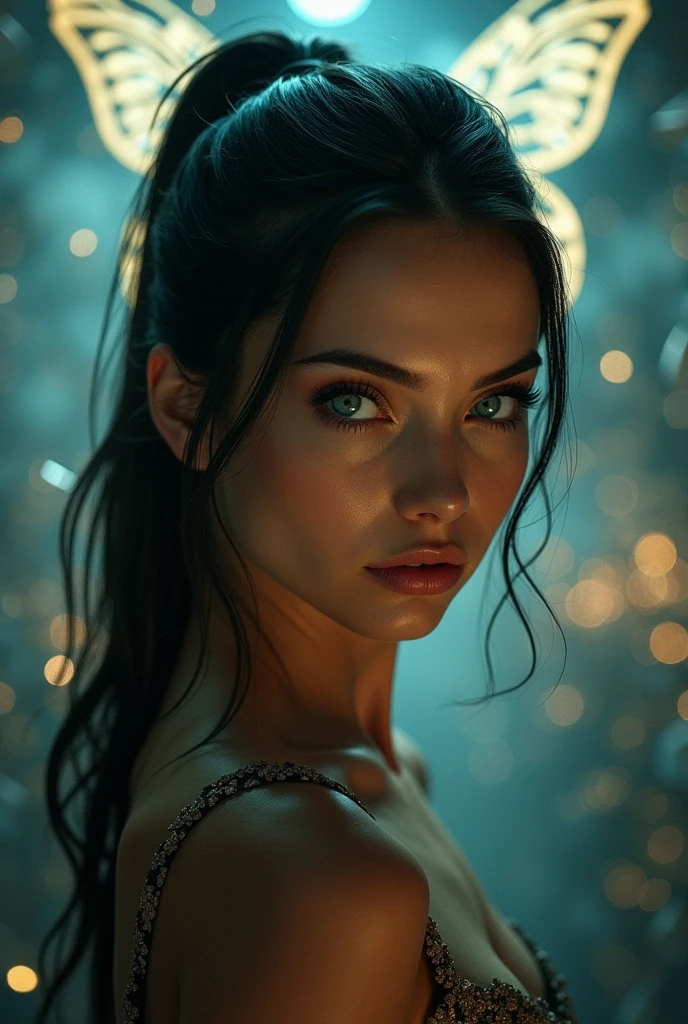(solo, full body photo:1.3), (action packed:1.3), (haze, fog, mist:1.3), chiaroscuro, best quality, photorealistic, 1woman, (cute), (24yo:1.2),long black straight hair highly detailed, sharp nose, 1700'S, digital photography, art by artgerm and ruan jia and greg rutkowski surreal painting gold butterfly filigree, broken glass, (masterpiece, sidelighting, finely detailed Fashionable eyes: 1.2) (perfect oval large eyes that gazes at the viewer), beautiful detailed face like Ana de arms, blue gorgeous perfect eyes, (blonde hair ponytail), (attractive young woman:1.3), (thick amazing hair), (seductive:1.1), (blushing:1.1)