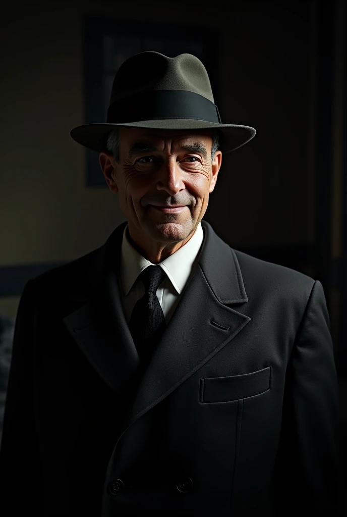 Create a figure of a 50-year-old man smiling in a suit and hat in 1940s clothing with a very dark setting and an atmosphere of suspense and terror.
