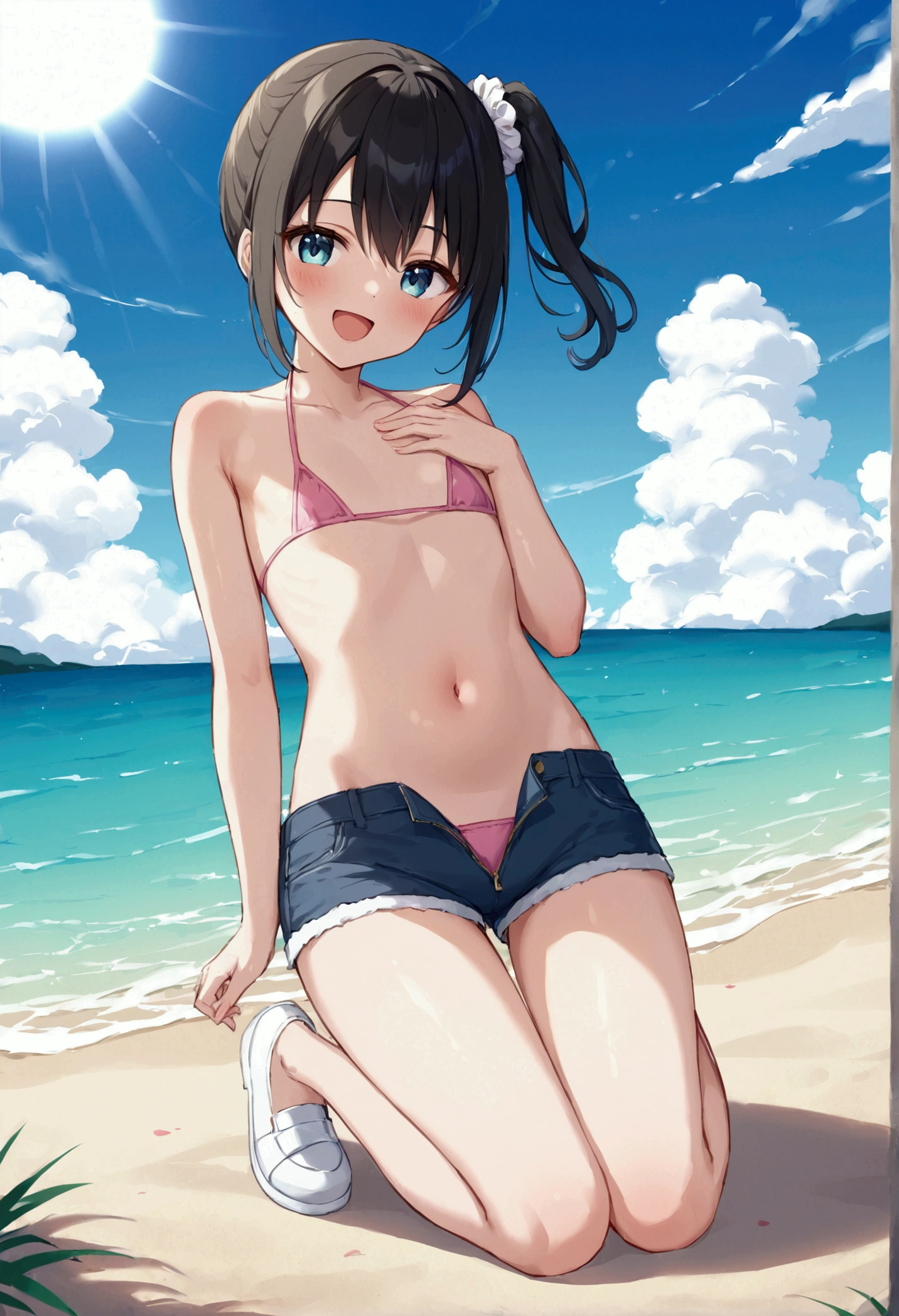 高いquality illustration, masterpiece, Very delicate and beautiful, masterpiece, Highest quality, High resolution, Very detailed, Perfect lighting、1 female、(Short side ponytail hair)、Black Hair、Flat Chest、White scrunchie、Full body portrait、Ocean、Sandy Beach、sun、White cloud、Pink camisole、Jean Shorts、Laughing with your mouth open、(((Unzipped shorts)))、((Costume Lift))、White micro bikini swimsuit