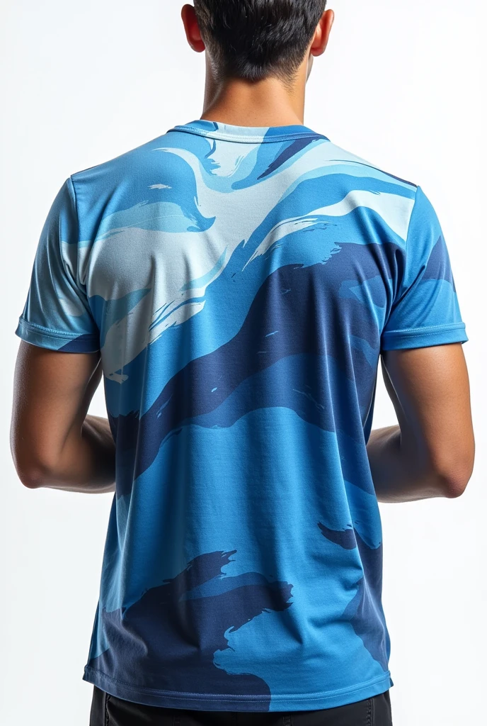 A back T-shirt design only with a blue and white color schemes and add abstract and artistic design