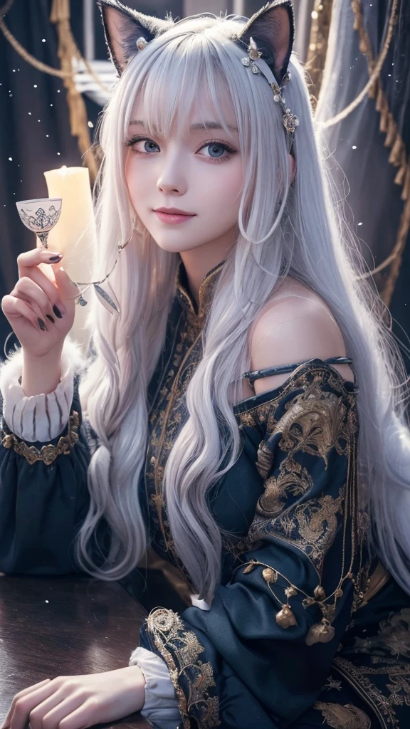(masterpiece, highest quality, highest quality, official art, beautiful and aesthetic: 1.2), (one girl: 1.3), wavy long hair, white hair, Cat ears on the head,highly detailed portrait, highly detailed hands, looking at the viewer, alone, (whole body: 0.6), detailed background, close, shining eyes, (cold arctic winter theme: 1.1), fortune teller, Charlatan, grin, Mysterious, sitting at the table, カラフルな肩のないゆるいジプシーfortune tellerの服, holy grail, tarot cards, Crystal jade, Medieval (inner tent: 1.1) background, tent curtain on background, dark Mysterious lighting, Shadow, magical atmosphere, starry night, dutch angle, healing and guidance, transcendental beauty, fractal art, Seaweed,