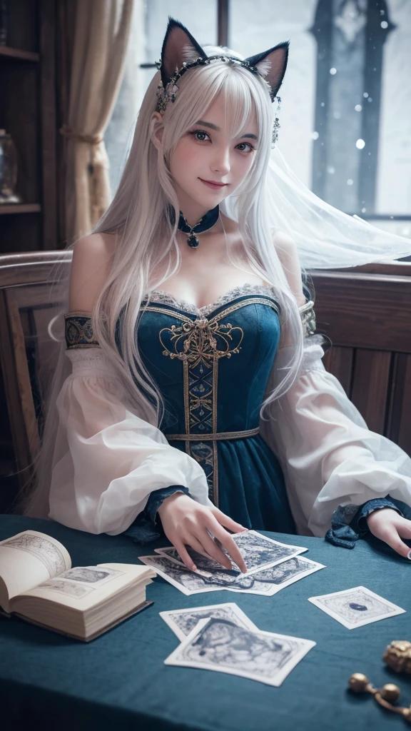 (masterpiece, highest quality, highest quality, official art, beautiful and aesthetic: 1.2), (one girl: 1.3), wavy long hair, white hair, Cat ears on the head,highly detailed portrait, highly detailed hands, looking at the viewer, alone, (whole body: 0.6), detailed background, close, shining eyes, (cold arctic winter theme: 1.1), fortune teller, Charlatan, grin, Mysterious, sitting at the table, カラフルな肩のないゆるいジプシーfortune tellerの服, holy grail, tarot cards, Crystal jade, Medieval (inner tent: 1.1) background, tent curtain on background, dark Mysterious lighting, Shadow, magical atmosphere, starry night, dutch angle, healing and guidance, transcendental beauty, fractal art, Seaweed,