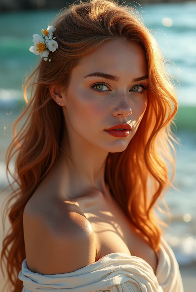 Girl 34 years old, with long copper hair, green eyes, dressed as a greek goddess, near the sea in full growth, Detailed eyes and lips, lip color red, 