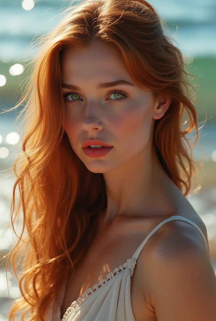 Girl 34 years old, with long copper hair, green eyes, dressed as a greek goddess, near the sea in full growth, Detailed eyes and lips, lip color red,
