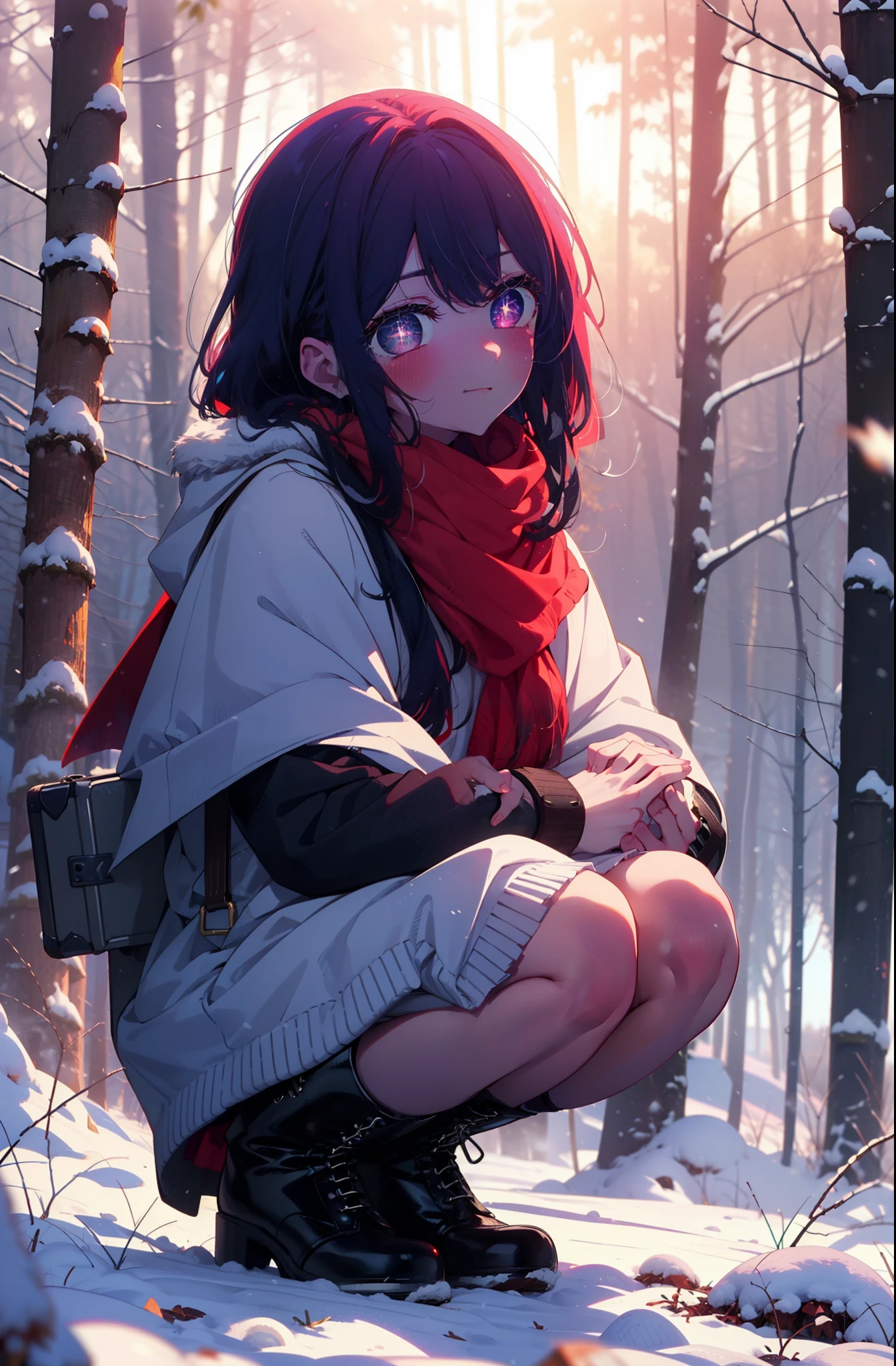 aihoshino, Ai Hoshino, Long Hair, bangs, (Purple eyes:1.1), Purple Hair, (Symbol-shaped pupil:1.5), smile,,smile,blush,white breath,
Open your mouth,snow,Ground bonfire, Outdoor, boots, snowing, From the side, wood, suitcase, Cape, Blurred, , forest, White handbag, nature, Squat, Mouth closed, Cape, winter, Written boundary depth, Black shoes, red Cape break looking at viewer, Upper Body, whole body, break Outdoor, forest, nature, break (masterpiece:1.2), Highest quality, High resolution, unity 8k wallpaper, (shape:0.8), (Beautiful and beautiful eyes:1.6), Highly detailed face, Perfect lighting, Highly detailed CG, (Perfect hands, Perfect Anatomy),