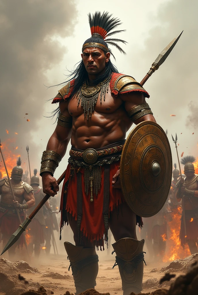 Ngungunhane in full battle gear, including a decorated shield, a spear, and traditional armor. He stands at the forefront, exuding leadership and determination. His attire includes intricate beadwork and a feathered headdress. The background is a dynamic battlefield.