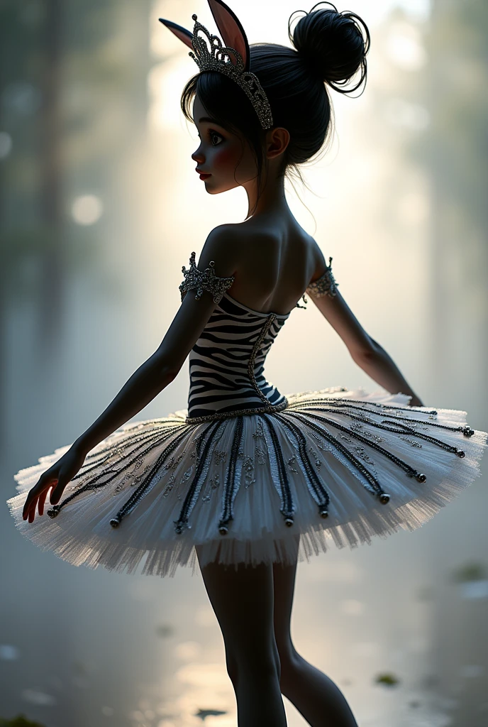 Drawing of a ballerina dressed in a tutu resembling a zebra with glitter and embroidery on the outfit, hair bun, crown, animal ears, smiley, silhouette, best quality