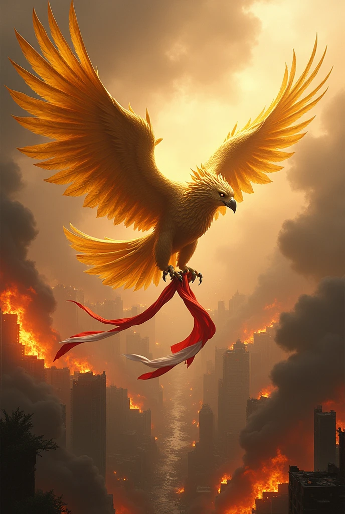 A golden Garuda bird carries a red and white cloth amidst the destruction in the middle of a city full of smoke and fire.
