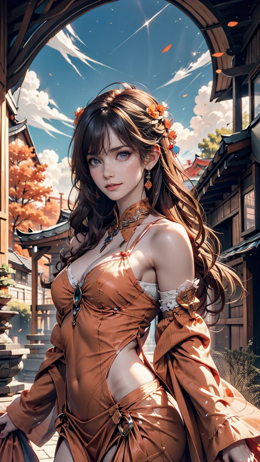 An angelic being without human affection, woman、Creator of the Universe, myth, The background of the image is, Heavenly Mountain Scenario, Orange Clouds. The image style should be cartoon-like, With powerful and impressive strokes, 登場人物にはmythや天使の要素が加わっている