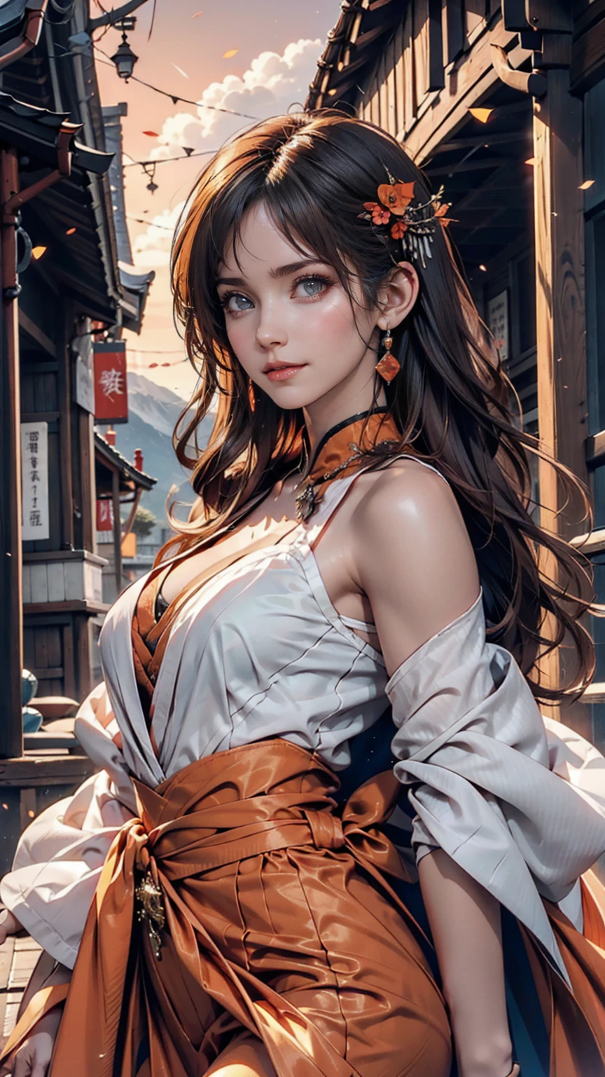 An angelic being without human affection, woman、Creator of the Universe, myth, The background of the image is, Heavenly Mountain Scenario, Orange Clouds. The image style should be cartoon-like, With powerful and impressive strokes, 登場人物にはmythや天使の要素が加わっている