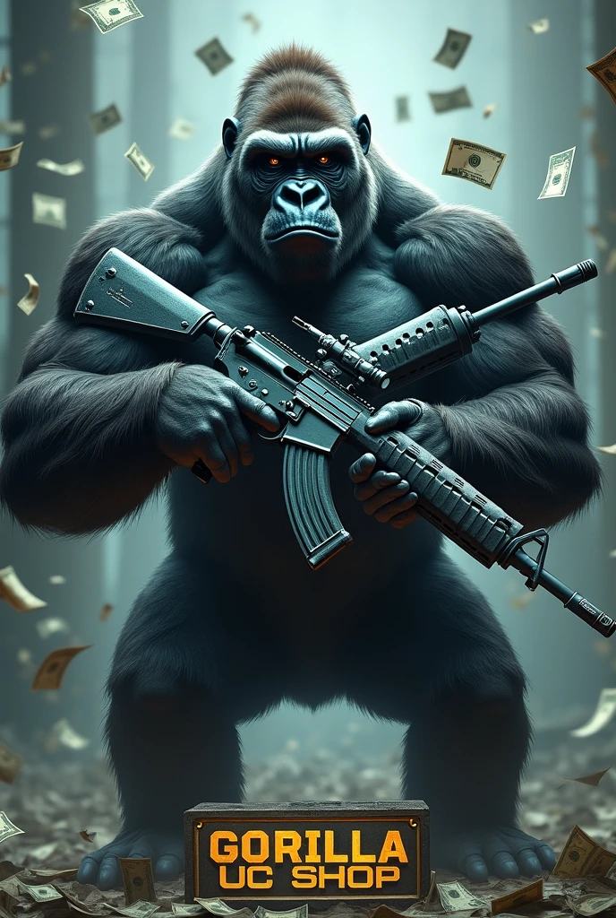 Create a realistic image of a gorilla, with money in the air background, which holds in each hand an M416 made of ice that crosses, and at the bottom a plate with the words GORILLA UC SHOP and so that the format is the same as for the Avatar