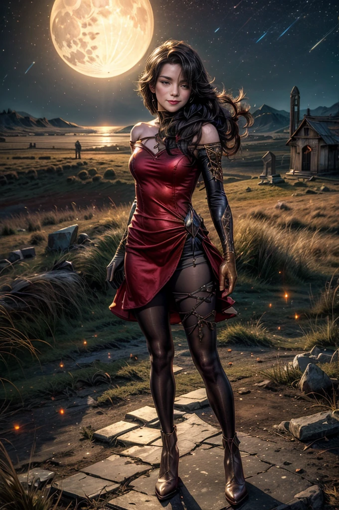 (masterpiece, best quality:1.2), cowboy shot, solo, 1girl, cinder fall, smiling, looking at viewer, long hair,  red dress, elbow gloves, pantyhose, night, stars, moon, standing in ruined graveyard on  hillside, bonfire, crowd(volumetric lighting), sharp focus, hyper detailed 