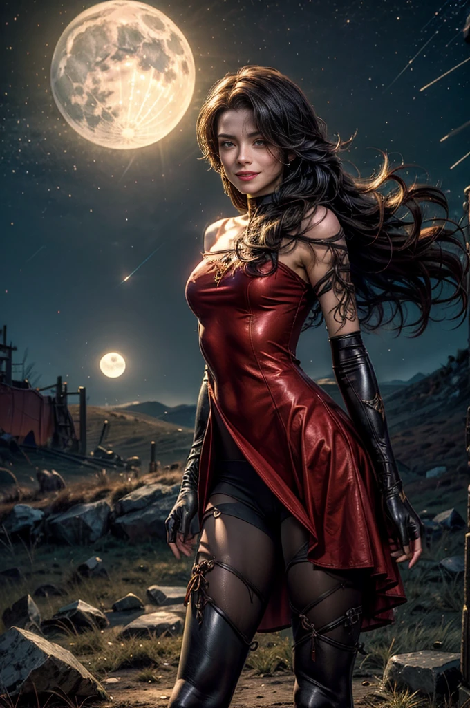(masterpiece, best quality:1.2), cowboy shot, solo, 1girl, cinder fall, smiling, looking at viewer, long hair, red dress, elbow gloves, hose, night, stars, moon, standing in ruined graveyard on hillside, bonfire, crowd(volumetric lighting), sharp focus, hyper detailed