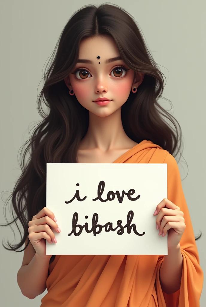 Beautiful girl with wavy long hair,big eyes , bindi on head ,simple sari dress, holding a white board with text "I Love Bibash" and showing it to the viewer