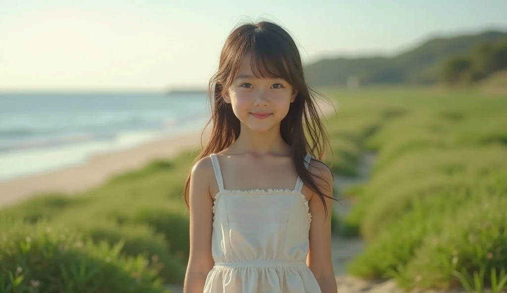 Green meadow in the background,The sea shines in the distance、アイドルのようにvery cute、One Girl、Adorable、Young Faceに見える, Young Face、、very cute、A kind smile、、Small breasts、Flat Chest、Camel toe、Standing on the beach at dusk、White see-through dress、simple bra、Wearing simple panties、Look straight at your audience、whole bodyポートレート、whole body、 Natural light、Accurate、Anatomically correct、Textured skin、Very detailed、 Attention to detail、Highest quality、High resolution、Genuine、realism、RAW Photos、Genuine、masterpiece