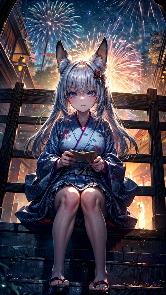 High resolution, Winner of numerous awards, Ultra high definition, Textured skin, retina,
masterpiece,(bestquality),highlydetailed,ultra-detailed,1girl, (A composition where a girl is sitting on ロボット:1.4)(Look to the side)(natural lighting,confidentexpression),(The grounds of an empty shrine)(Staircase under the stairs、fair、festival:1.2)(The view from above)(panorama:1.2),Fireworks in the sky smile,angle、chrome,raw(A beautiful girl with silver hair and fox ears in a yukata:1.5)(Fireworks lighting)(Looking down:1.4)(Looking down angle)Wide angle, Wide angleショット,
