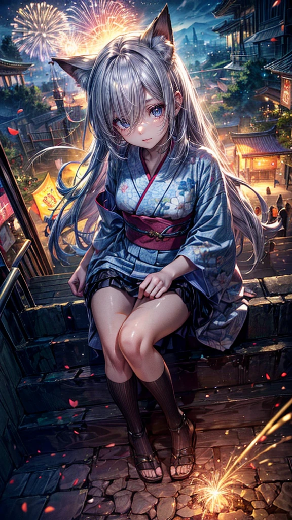 High resolution, Winner of numerous awards, Ultra high definition, Textured skin, retina, 
masterpiece,(bestquality),highlydetailed,ultra-detailed,1girl, （A composition where a girl is sitting on ロボット:1.4）(Look to the side)(natural lighting,confidentexpression),(The grounds of an empty shrine)(Staircase under the stairs、fair、festival:1.2)(The view from above)(panorama:1.2),Fireworks in the sky smile,angle、chrome,raw（A beautiful girl with silver hair and fox ears in a yukata:1.5）（Fireworks lighting）(Looking down:1.4)(Looking down angle)Wide angle, Wide angleショット, 