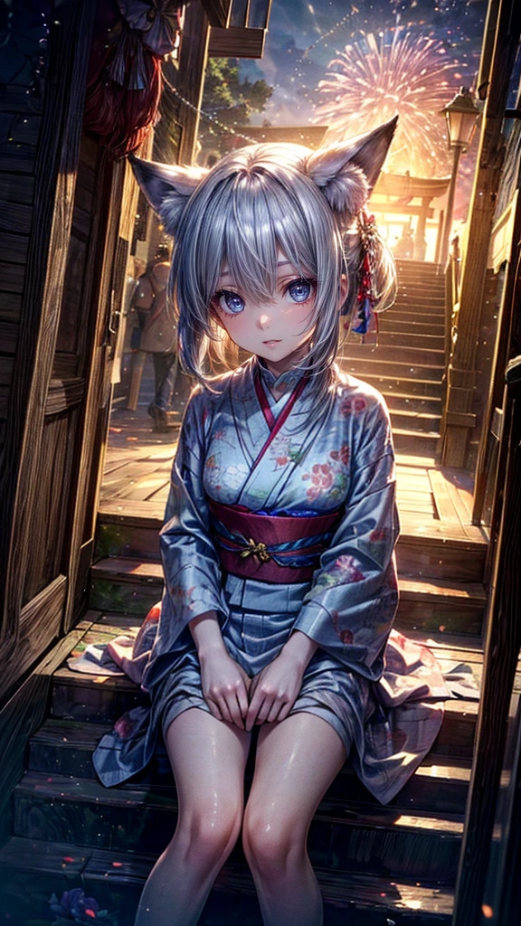 High resolution, Winner of numerous awards, Ultra high definition, Textured skin, retina,
masterpiece,(bestquality),highlydetailed,ultra-detailed,1girl, (A composition where a girl is sitting on ロボット:1.4)(Look to the side)(natural lighting,confidentexpression),(The grounds of an empty shrine)(Staircase under the stairs、fair、festival:1.2)(The view from above)(panorama:1.2),Fireworks in the sky smile,angle、chrome,raw(A beautiful girl with silver hair and fox ears in a yukata:1.5)(Fireworks lighting)(Looking down:1.4)(Looking down angle)Wide angle, Wide angleショット,