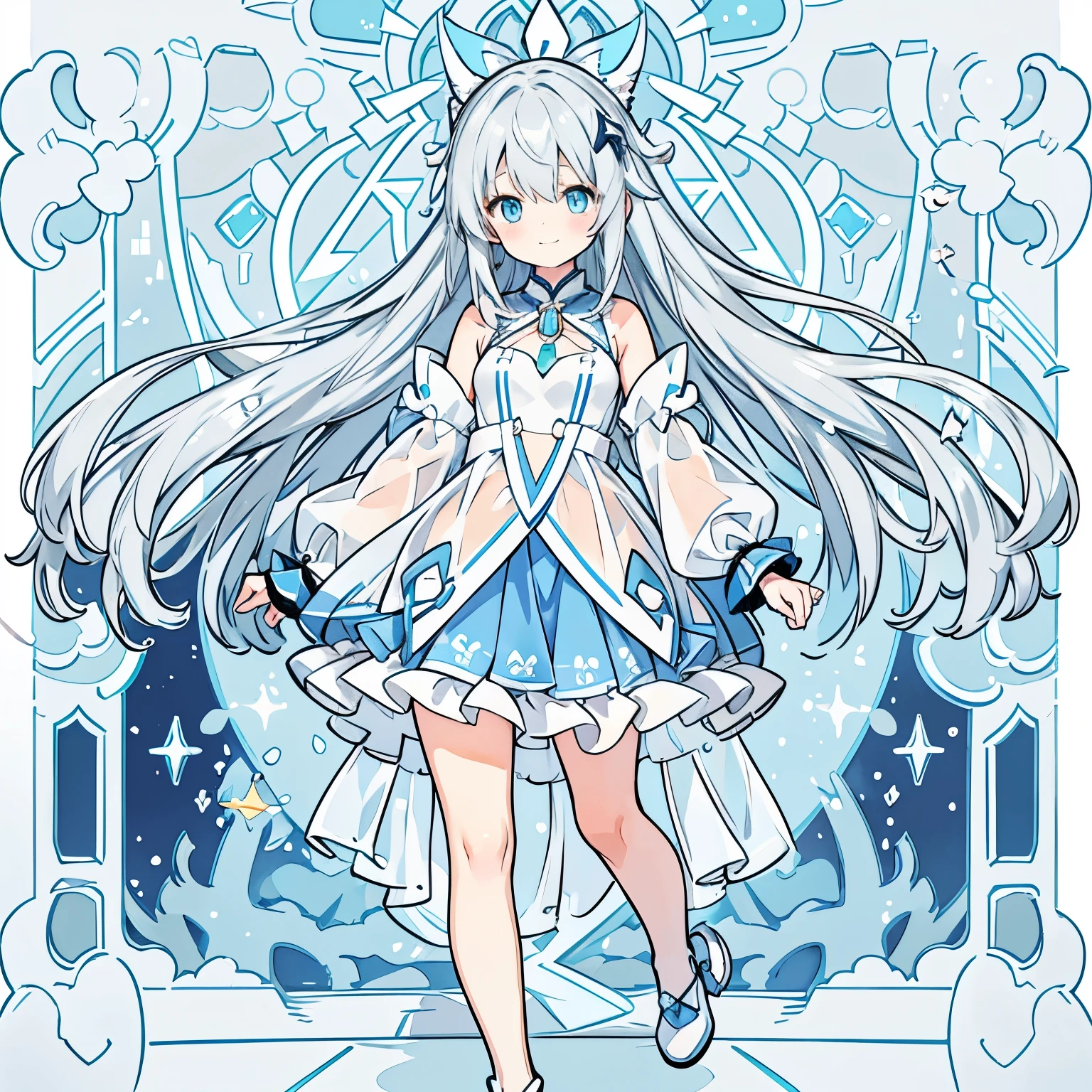 One person 小さいBody長 低Body長 Baby Face cute Light gray hair Long Hair Blue colored eyes Magical girl witch Body 全Body shoes Big Tits Big Breasts Sheer clothing Embarrassed A little smile Clothes with holes in various places Transparent hair Transparent long skirt