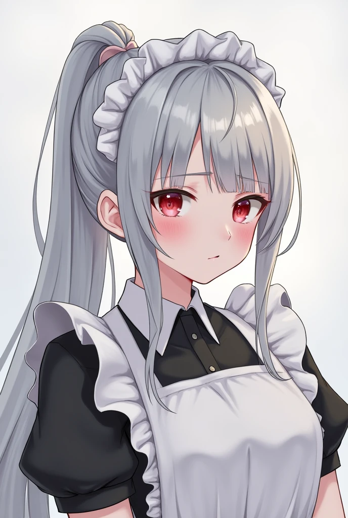 One person, Long Hair, High resolution, chest, Blushing, Simple Background, accurate, Highest quality, Gray Hair, ponytail, Red face, Maid outfit anatomically correct, 