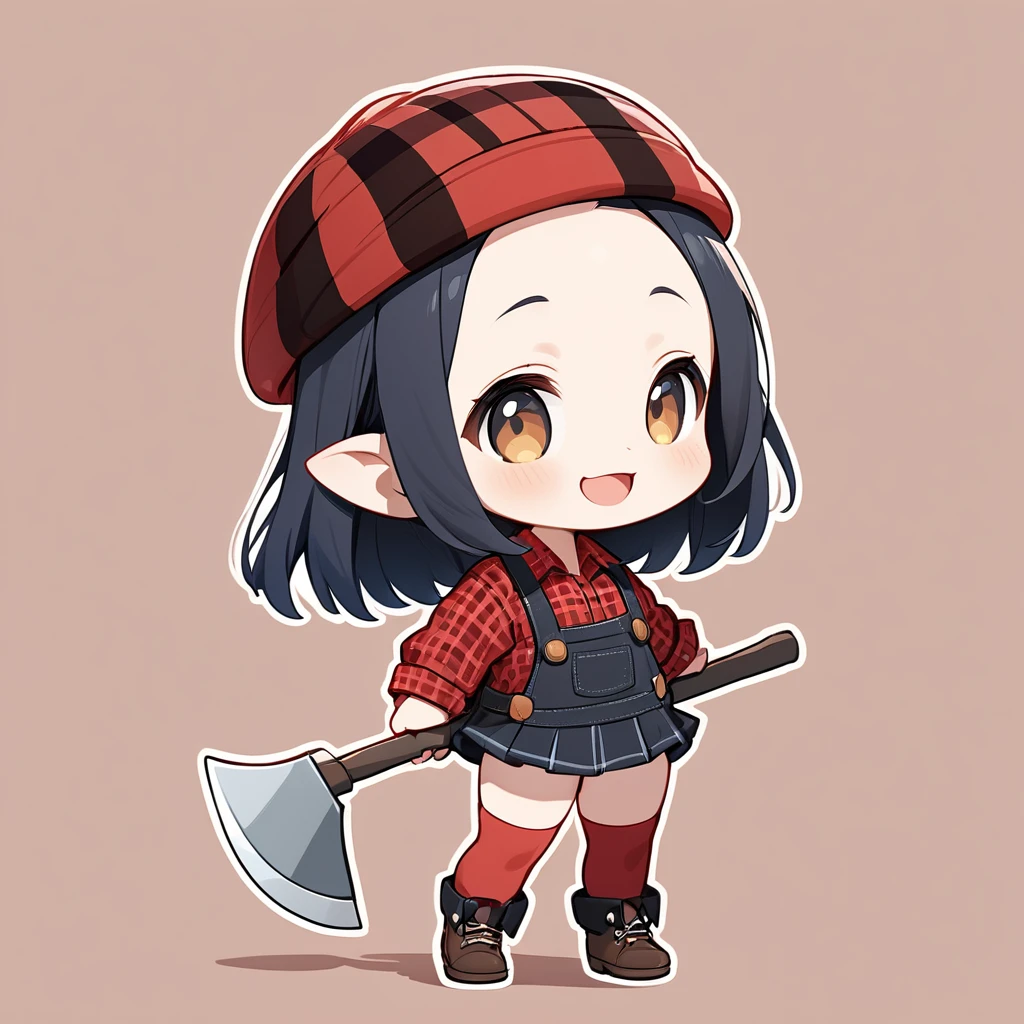 ultra-small deformation, Chibi Cute, 1girl, solo, full body, lumberjack costumet, holding a axe, smile with open mouth, simple background