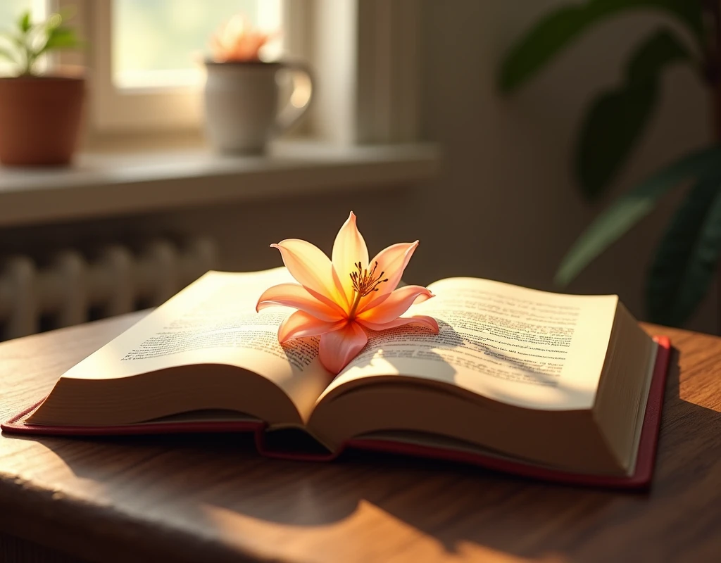 an open book on a table with a flower on top, the place is lit by the light from the window