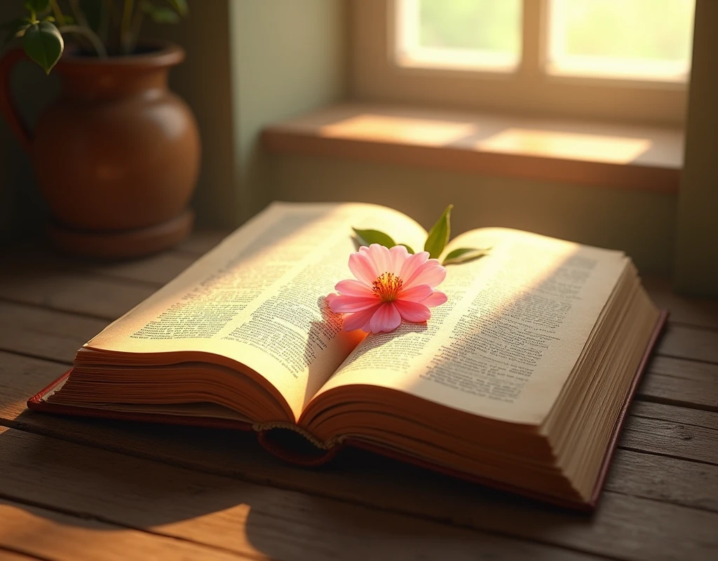 an open book on a table with a flower on top, the place is lit by the light from the window