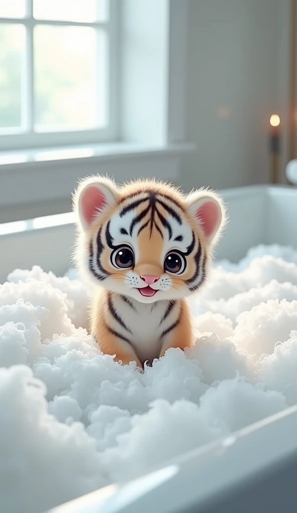 A fat, white and cute little tiger baby, Very fat，Big eyes, Cute and cuddly，Fluffy, Delicate and exquisite, Real little tiger，The expression is very cute and sticking out tongue is very cute，Garden meadow background，Pure white high-end bathroom background