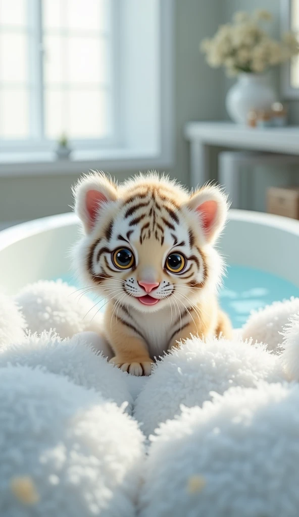 A fat, white and cute little tiger baby, Very fat,Big eyes, Cute and cuddly,Fluffy, Delicate and exquisite, Real little tiger,The expression is very cute and sticking out tongue is very cute,Garden meadow background,Pure white high-end bathroom background