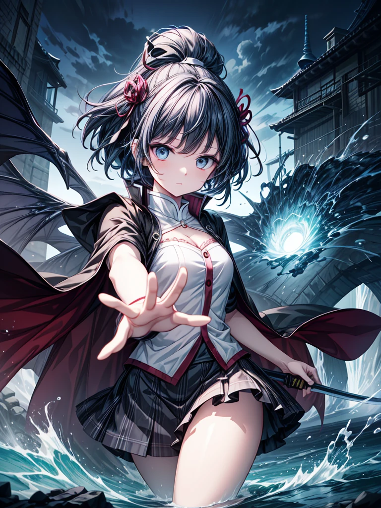 A highly detailed illustration of Sayaka Miki from "Puella Magi Madoka Magica" in the midst of a battle, performing the "Seisei Ruten" technique from "Demon Slayer: Kimetsu no Yaiba." She is in her magical girl form, wearing her blue and white outfit with a flowing cape. Her short blue hair is tousled, and her expression is intense with determination. She wields a sword with both hands, unleashing a series of continuous, fluid slashes that resemble the flowing water, just like in the Seisei Ruten technique. The scene captures the motion of her attack, with swirling water and energy spiraling around her blade, creating a visual effect of a powerful torrent. The background is dark and chaotic, with swirling shadows and a hint of a witch's labyrinth, intensifying the dramatic atmosphere. The art style should be anime-like, emphasizing the action, the fluidity of the technique, and the emotion of the moment.