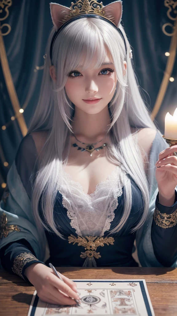 (masterpiece, highest quality, highest quality, official art, beautiful and aesthetic: 1.2), (one girl: 1.3), wavy long hair, white hair, Cat ears on the head,highly detailed portrait, highly detailed hands, looking at the viewer, alone, (whole body: 0.6), detailed background, close, shining eyes, (cold arctic winter theme: 1.1), fortune teller, Charlatan, grin, Mysterious, sitting at the table, カラフルな肩のないゆるいジプシーfortune tellerの服, holy grail, tarot cards, Crystal jade, Medieval (inner tent: 1.1) background, tent curtain on background, dark Mysterious lighting, Shadow, magical atmosphere, starry night, dutch angle, healing and guidance, transcendental beauty, fractal art, Seaweed,