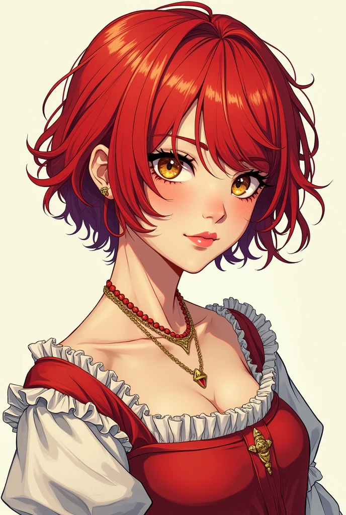 teen girl with boyish short very-curly red hair and bright golden eyes in japanese manga style like mori kaoru, up-front facing the screen, wearing regency style dress