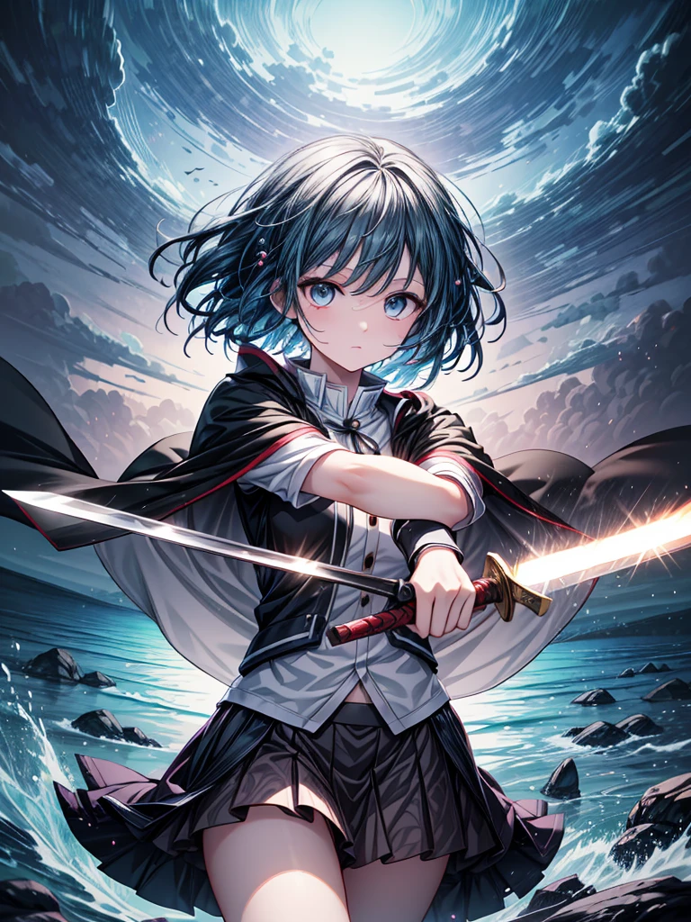 A highly detailed illustration of Sayaka Miki from "Puella Magi Madoka Magica" in the midst of a battle, performing the "Seisei Ruten" technique from "Demon Slayer: Kimetsu no Yaiba." She is in her magical girl form, wearing her blue and white outfit with a flowing cape. Her short blue hair is tousled, and her expression is intense with determination. She wields a sword with both hands, unleashing a series of continuous, fluid slashes that resemble the flowing water, just like in the Seisei Ruten technique. The scene captures the motion of her attack, with swirling water and energy spiraling around her blade, creating a visual effect of a powerful torrent. The background is dark and chaotic, with swirling shadows and a hint of a witch's labyrinth, intensifying the dramatic atmosphere. The art style should be anime-like, emphasizing the action, the fluidity of the technique, and the emotion of the moment.