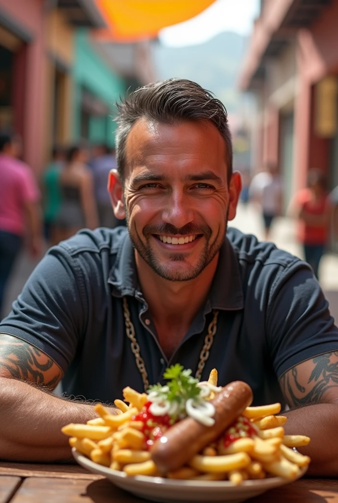 White man eating a $5 salchipapa