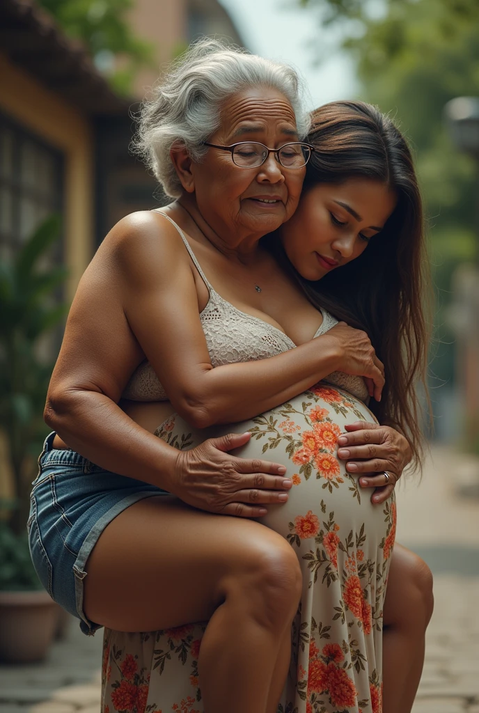Create an image of a 90 year old lady, dark-skinned, that is fat, is wearing a floral dress and glasses. She is carrying on her right shoulder a 35 year old adult woman. , De pele clara, who has long brown hair, wearing denim shorts and a white lace bra and is being carried face down on the lady's shoulder