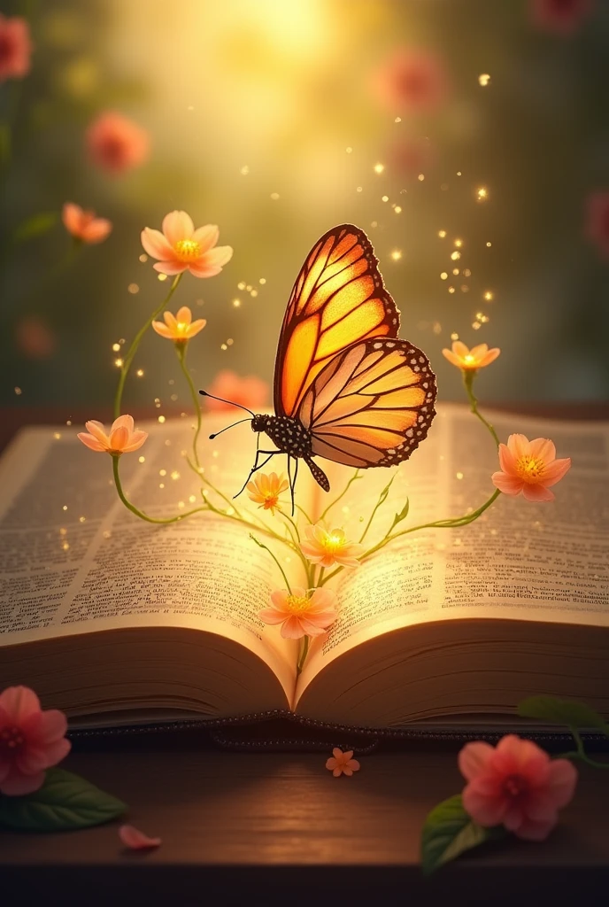 

"開かれたThe Bible表面に置かれている詳細な画像を作成する, Golden light radiates from the pages. The light softly illuminates the surroundings., and delicate Flowers of various colors should appear to be growing out of the Bible, Intertwined with light. 幻想的なbutterfly々is flying around gently, Add life and movement to your scene. The background should be subtle, The Bible, Flowers, butterfly々Make the image the main focus."