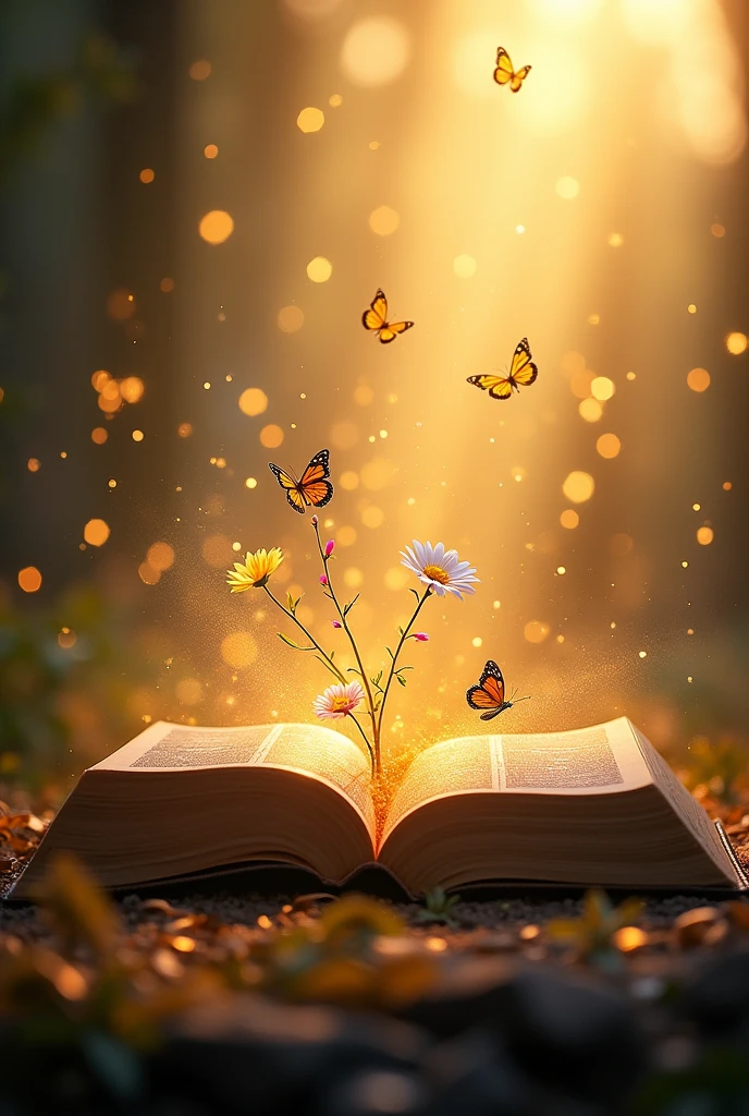 "開かれたThe Bible表面に置かれている詳細な画像を作成する, Golden light radiates from the pages. The light softly illuminates the surroundings., and delicate Flowers of various colors should appear to be growing out of the Bible, Intertwined with light. 幻想的なbutterfly々is flying around gently, Add life and movement to your scene. The background should be subtle, The Bible, Flowers, butterfly々Make the image the main focus."