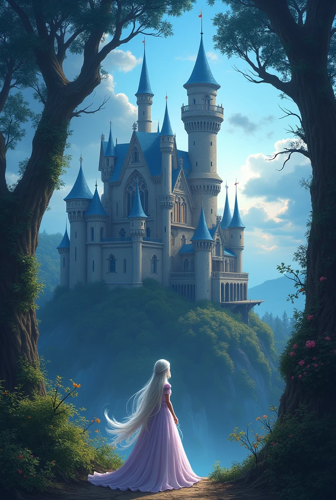 Once upon a time, in a very kingdom, muito distante, a beautiful princess named Luna. She lived in an enchanted castle, but something strange happened! One day, an evil witch cast a spell on the castle and trapped the princess in a high tower, surrounded by walls of thorns and scary monsters.