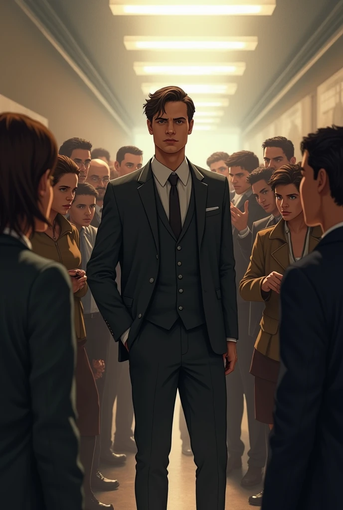  A protagonist standing out in a crowd, with people whispering and pointing. The protagonist stands tall, calm, and self-assured, while others around them look normal but judgmenta