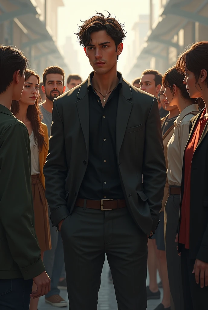 A protagonist standing out in a crowd, with people whispering and pointing. The protagonist stands tall, calm, and self-assured, while others around them look normal but judgmenta