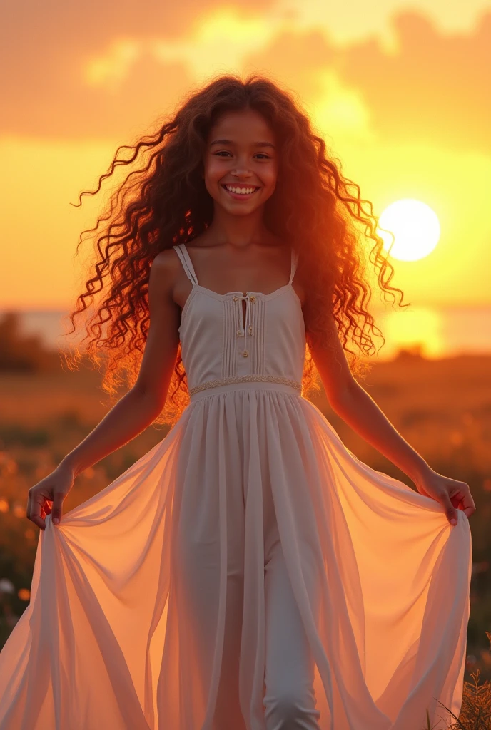 A girl with a long curly hair reaching to her knees witha sunset background shining behind her back facing us entirely with a wide smile on her face lifting her dress a little with a long white dress