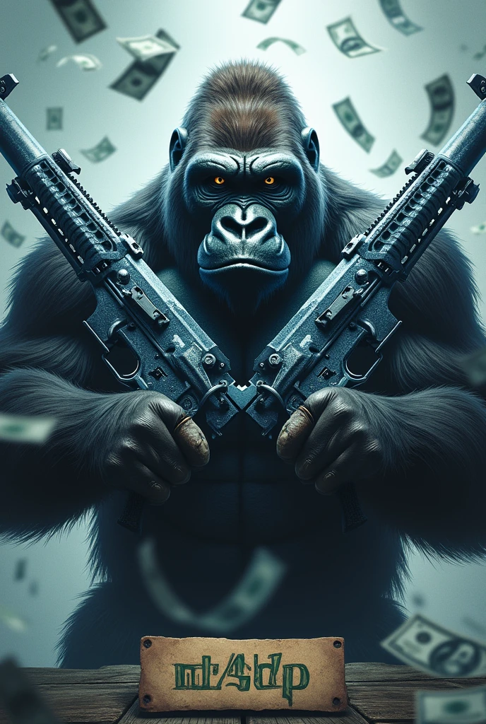 Create a realistic image of a gorilla, with money in the air background, which holds in each hand an M416 made of ice that crosses, and at the bottom a plate with the words GORILLA UC SHOP and do it in full face mode