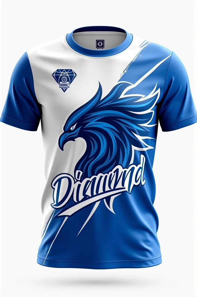 "A T-shirt design for intramurals with a blue and white color scheme. The front of the shirt features a blue phoenix logo prominently, with the word 'Diamond' written underneath in a bold, athletic font. The back of the T-shirt displays the O'Donnell High School logo at the top, with the surname 'Sumawang' printed below the logo. Ensure the design is sporty and dynamic, capturing the spirit of the event