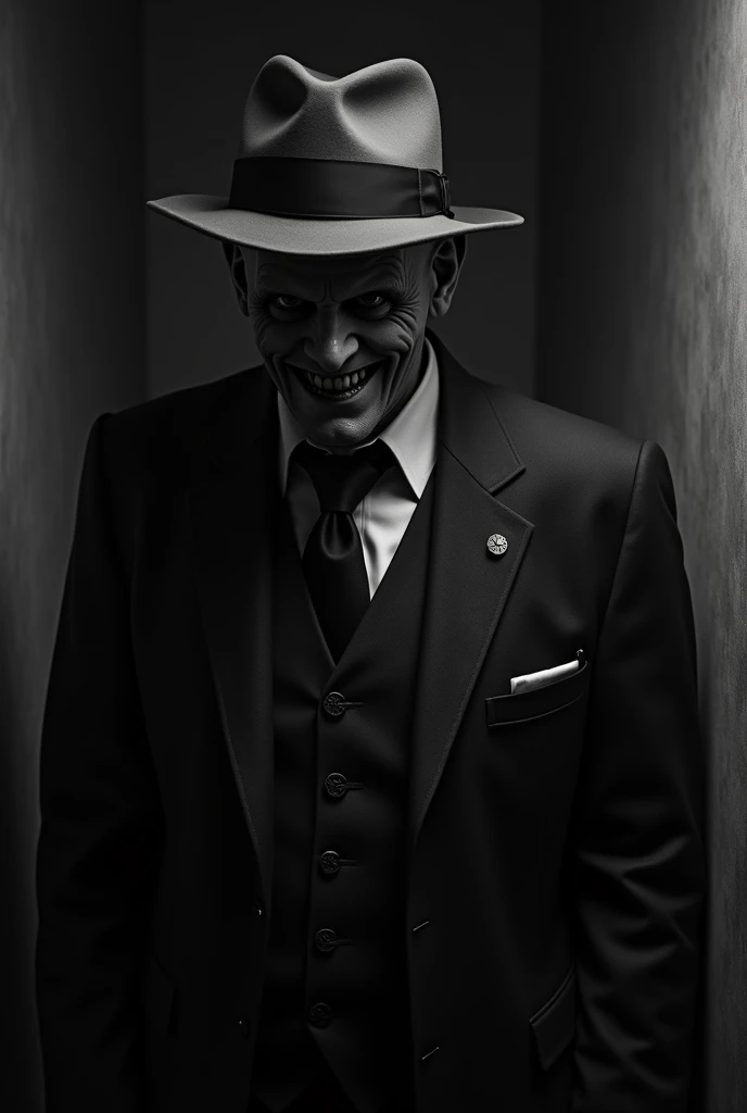 Create a figure of a 50-year-old man with a macabre smile, wearing a suit and hat in 1940s clothing, with a very dark setting and a black and white suspense and horror atmosphere.
