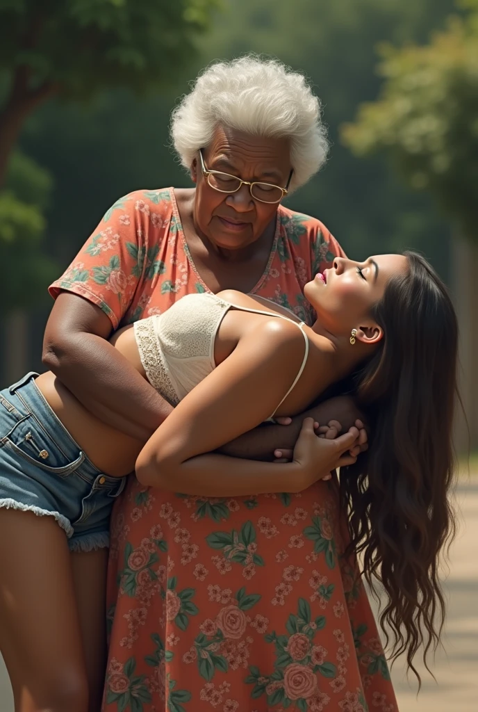 Create an image of a 90 year old lady, dark-skinned, that is fat, is wearing a floral dress and glasses. She is carrying on her right shoulder a 35 year old adult woman. , De pele clara, who has long brown hair, wearing denim shorts and a white lace bra and is being carried face down on the lady&#39;s shoulder