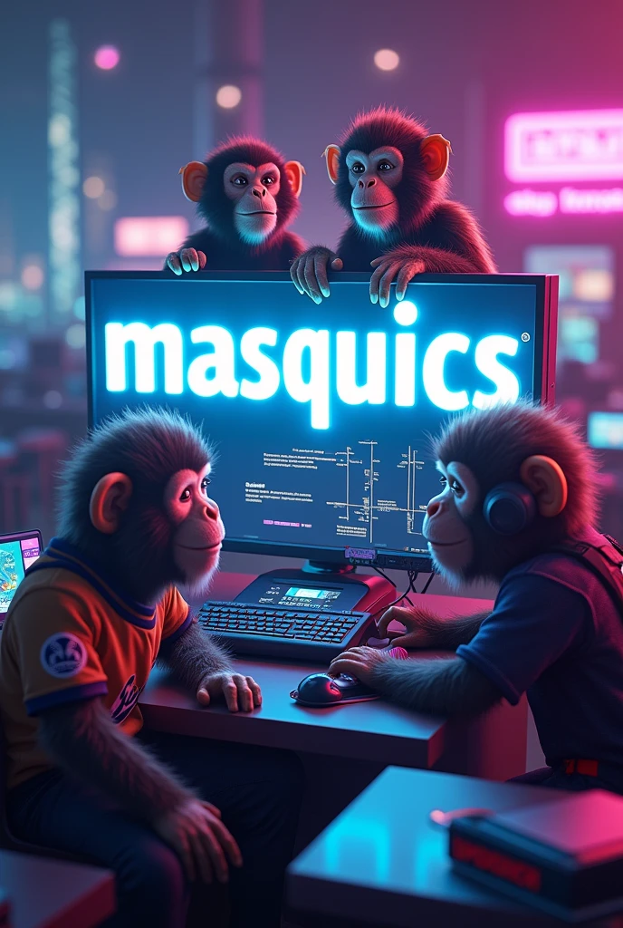 Create an image with the name "MASQUEICS" on the screen and with several gamer monkeys in the image
