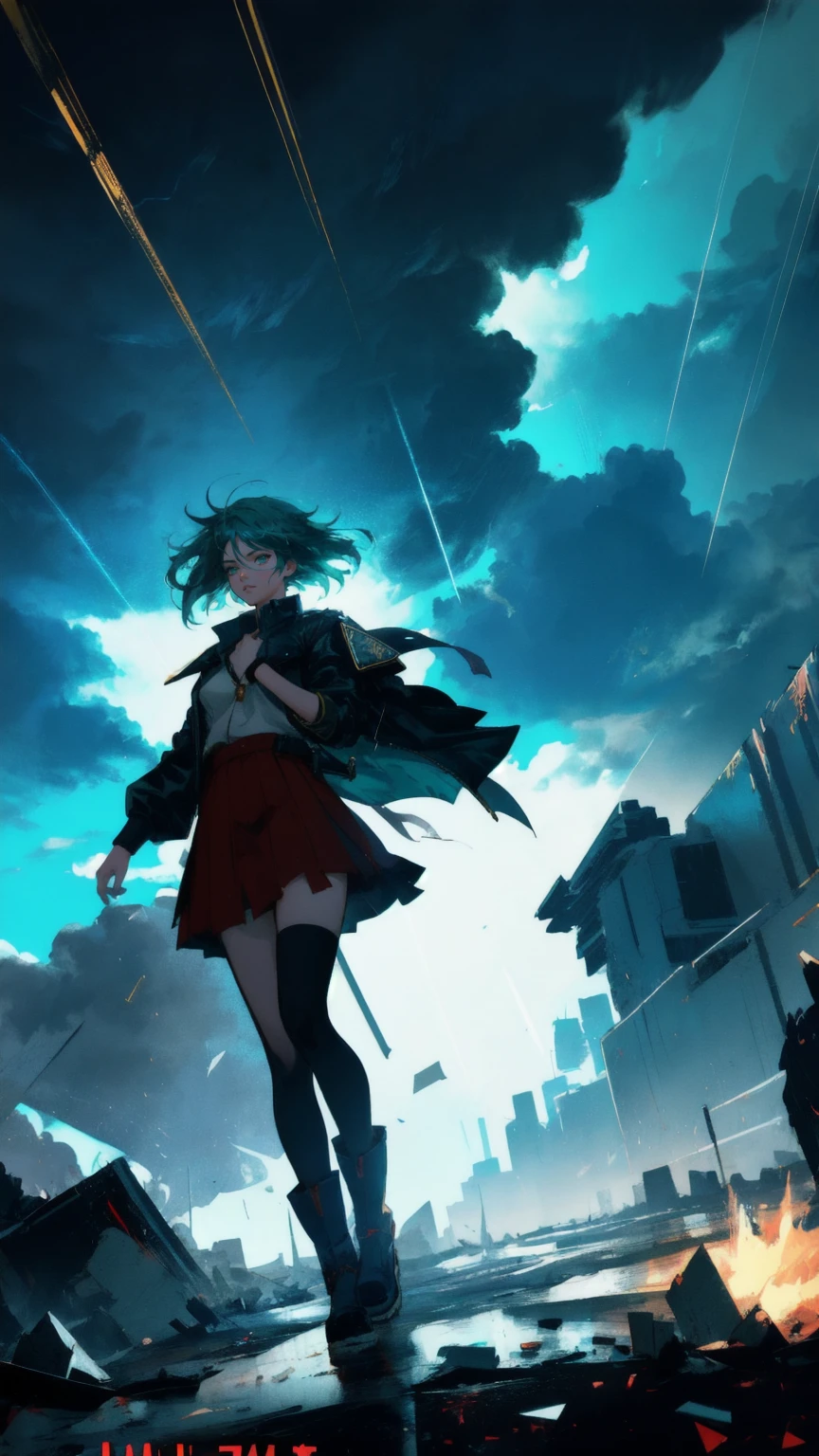 A beautiful, determined anime girl with short green hair leaps dynamically through a storm-torn blue landscape. She's wearing a tattered red outfit and clutching a golden coin. Large, golden text reading 'No-Coin No-Gain' hovers above her. The scene is drenched in rain, with shards of debris and broken cryptocurrency symbols swirling around. The art style is gritty and detailed, reminiscent of a comic book cover, with high contrast against the blue backdrop.