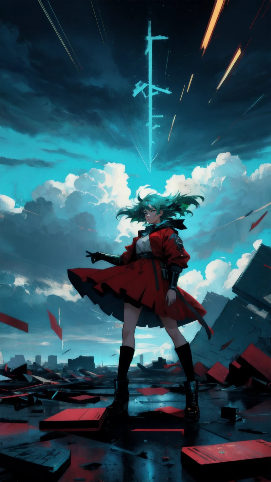 A beautiful, determined anime girl with short green hair leaps dynamically through a storm-torn blue landscape. She's wearing a tattered red outfit and clutching a golden coin. Large, golden text reading 'No-Coin No-Gain' hovers above her. The scene is drenched in rain, with shards of debris and broken cryptocurrency symbols swirling around. The art style is gritty and detailed, reminiscent of a comic book cover, with high contrast against the blue backdrop.