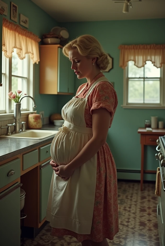 A blonde pregnant 1950's housewife crying in a vintage kitchen.